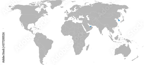 United Arab Emirates  South Korea countries isolated on world map. Maps and Backgrounds.