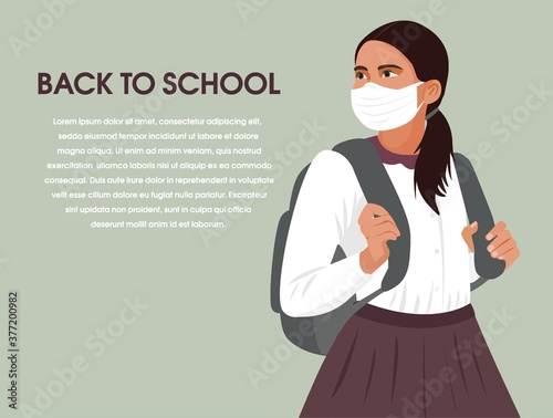 back to school concept, schoolgirl with protective face mask and going to school during coronavirus. New normal for education. girl go to school, flat design illustration. COVID-19 education. banner