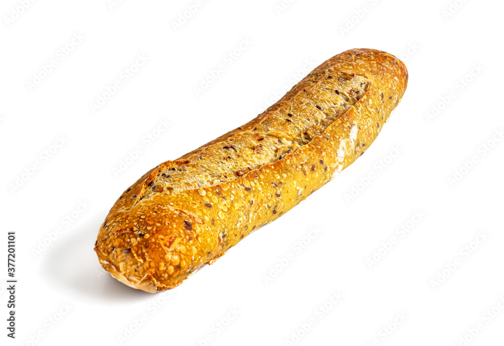 Fresh rustic baguette with seeds and nuts on white Fresh rustic baguette with seeds and nuts on white