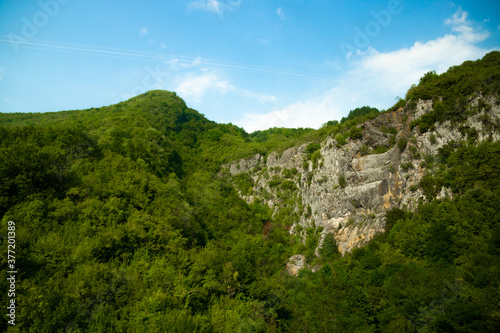 Montenegrin mountains with dense forests, travel around Europe by bus