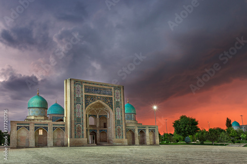 Barakhan Madrassa in Khast Imam religious complex, at the sunset in Tashkent, Uzbekistan photo