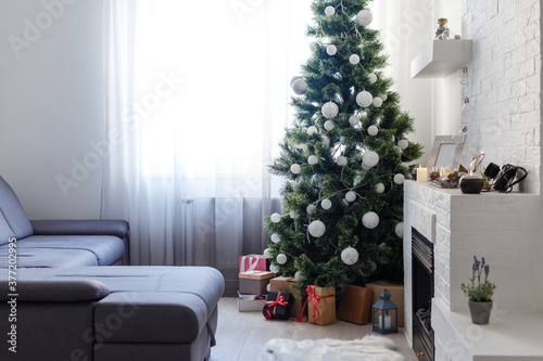 Christmas tree in modern living room warm feeling