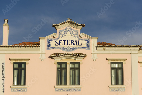 azulejos panels on the pediment of Setubal station