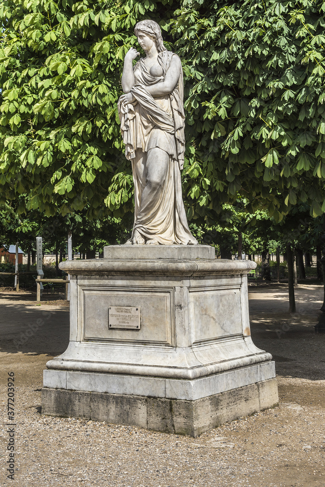 Sculpture in public Tuileries garden in Paris. Tuileries Garden created by Catherine de Medici in 1564. Paris, France.