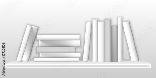 White mockup of books on bookshelf. Realistic blank paperback volumes on shelf, standing in row and lying on stack. Vector 3d illustration