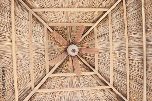 View of the tiki hut with ceiling fans. Bottom view