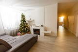 Christmas interior panorama, Christmas tree in the apartment