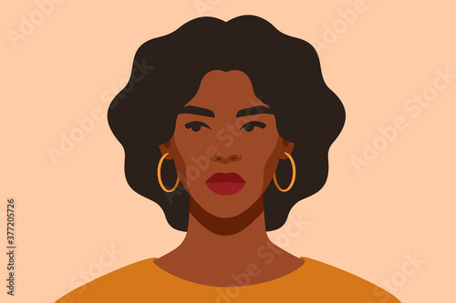 Serious Black girl is looking away in protest. Self-confident young woman with brown skin and curly hair portrait front view. African female with arrogant facial expression. Vector