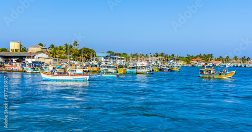 Vászonkép Fishing vessels return laden with fish in the early morning sunshine in Negombo,