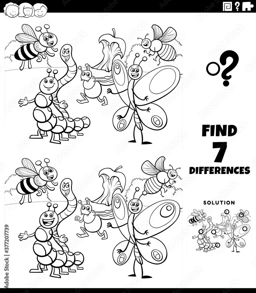 differences educational game with insects coloring book page