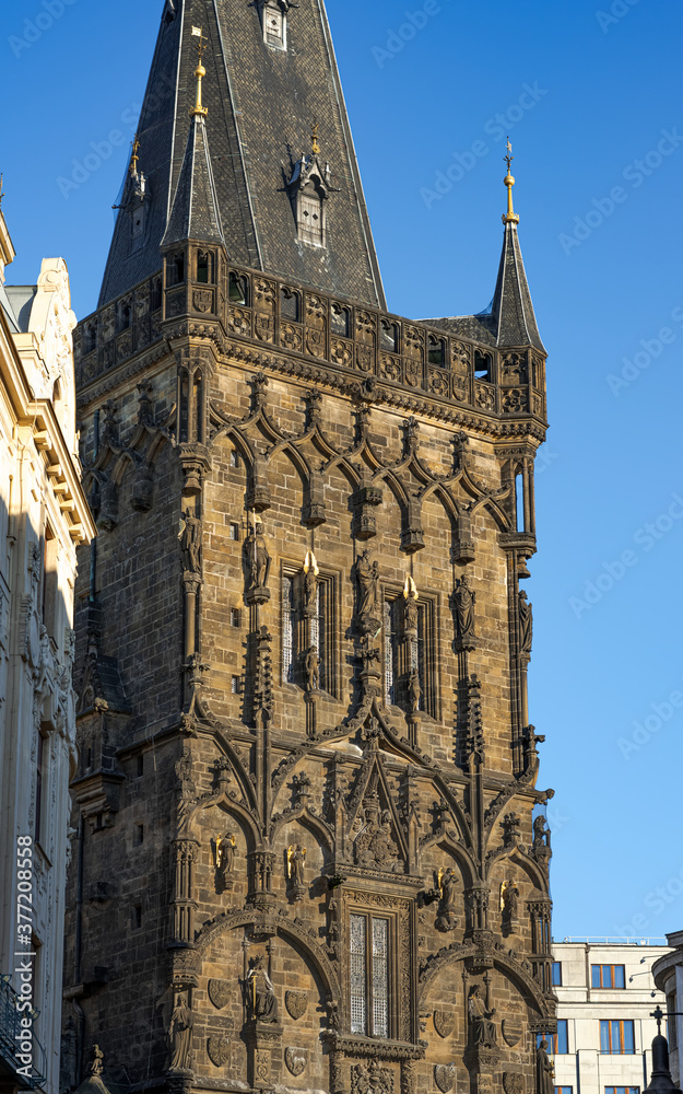 Powder Tower, an Old Stone Monument in the Center of Prague, Detailed with Decorations and Statues