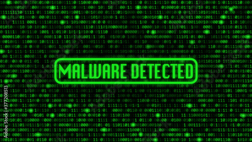Green binary code background with "Malware Detected" text.