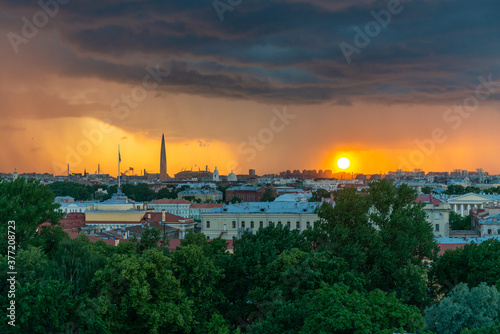 View of St. Isaac s Cathedral  Saint Petersburg city  Russia. Storm clouds on the horizon  beautiful cityscape in a thunder