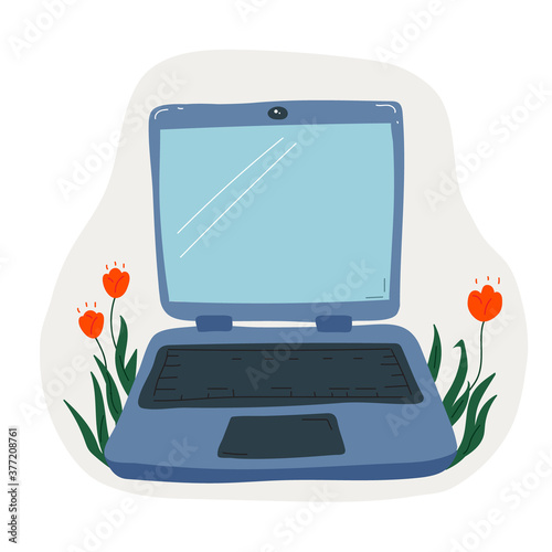 Hand drawn illustration of opened laptop wth floral elements in streamlined shape. Colored vector icon, sticker, clipart