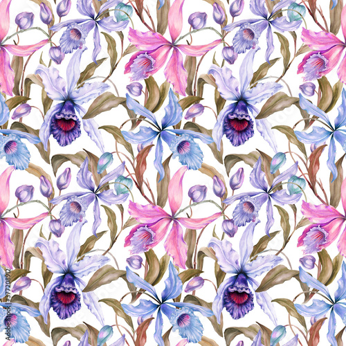Beautiful exotic orchid flowers (Laelia) and brown leaves on white background. Seamless tropical floral pattern. Watercolor painting. Hand drawn illustration.