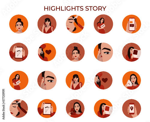 Set of instagram icons for stories, covers for Instagram highlights. Round elements and icons with woman for you blog.