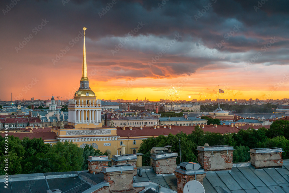 Saint Petersburg, Russia. Storm clouds on the horizon, beautiful cityscape in a thunderstorm at sunset. View of the Admiralty and the city