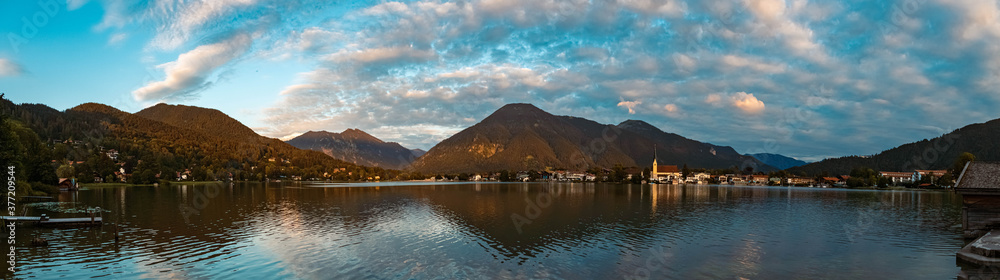 High resolution stitched panorama of a beautiful alpine summer view at the famous Tegernsee, Bavaria, Germany