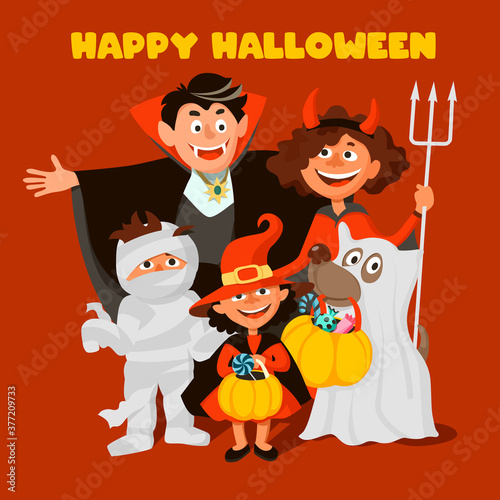 Happy family, parents with children and a dog dressed in costumes for Halloween. Vampire, imp, mummy, witch and ghost. Trick or Treat. Vector cartoon illustration