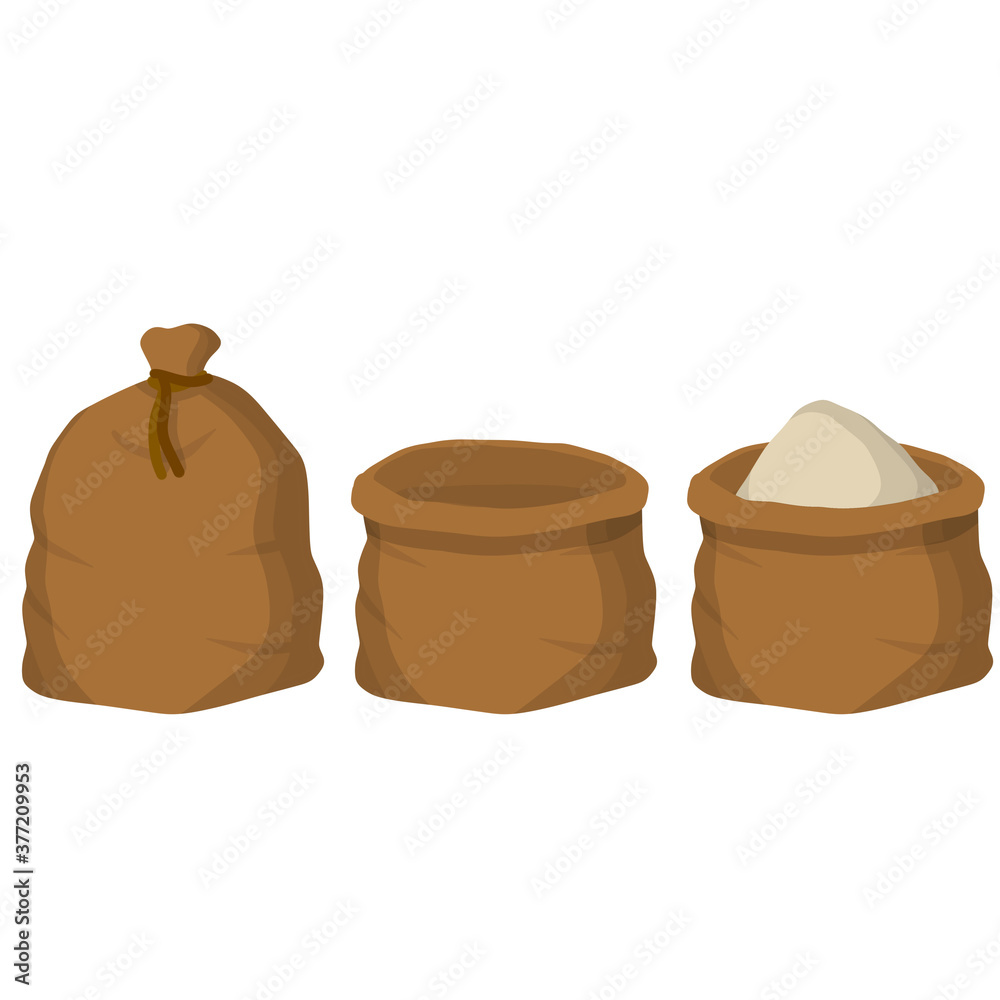 Set of burlap bag. Production of natural food. Cartoon flat illustration. Element of the farm, village and countryside. Open, closed and empty sack. Packed grain Set of burlap bag. Production of natural food. Cartoon flat illustration. Element of the farm, village and countryside. Open, closed and empty sack. Packed grain