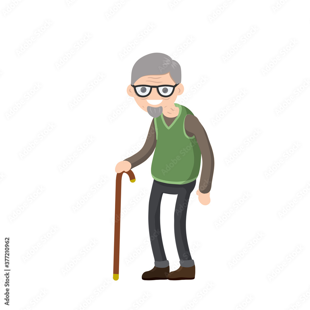 Fototapeta premium Funny old man with cane. Senior and Active Lifestyle, recreation grandfather. Cartoon flat illustration.