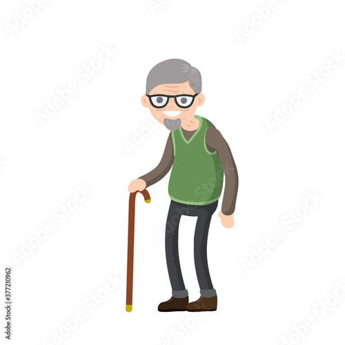 Funny old man with cane. Senior and Active Lifestyle, recreation grandfather. Cartoon flat illustration.