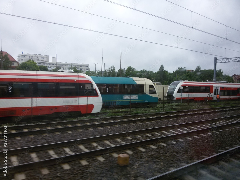 Colorful trains on the railway Colorful trains on the railway