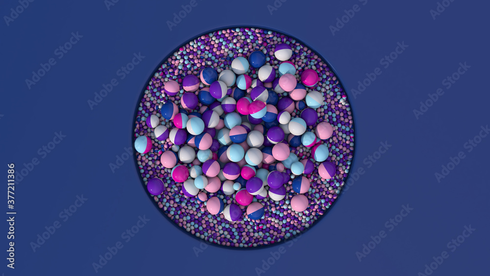 Colorful balls morphing. Blue background. Top view. Abstract illustration, 3d render.