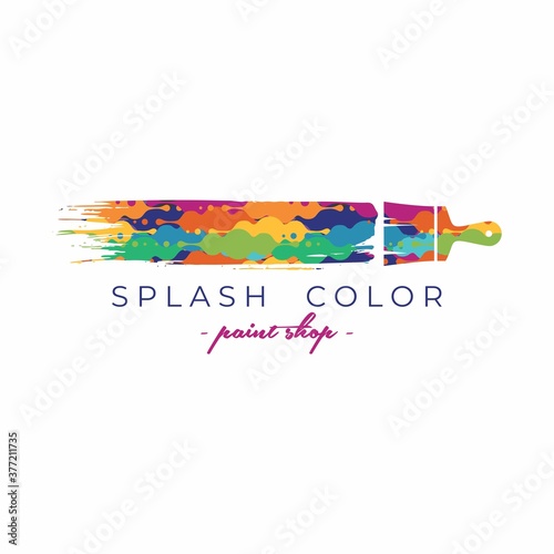 Brush with colorful paint stroke logo template. Abstract paint. Paint shop logo. Splash color logo. Art shop. Print service logo idea.