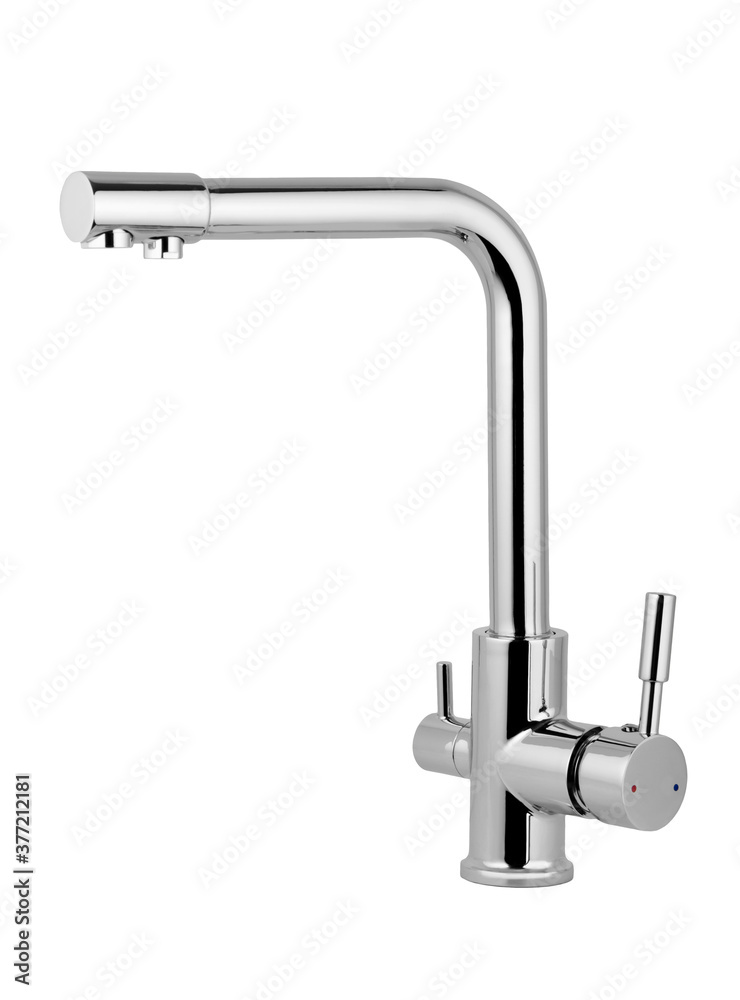 Water tap, chrome-plated metal faucet for the bathroom, kitchen mixer cold hot water. plumbing. Isolated on a white background