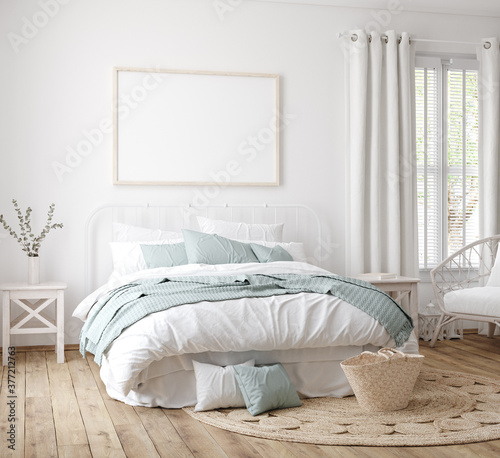 Frame mock up in farmhouse bedroom interior, 3d render 