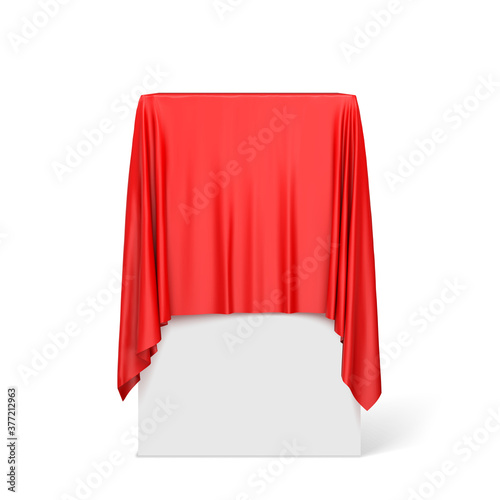 Red cloth on a square pedestal isolated on white. Vector illustration