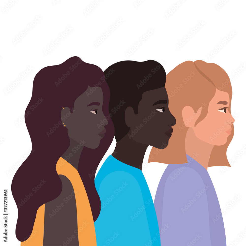 diversity skins of women and man cartoons vector design