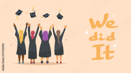 Graduation Congratulations. Four happy graduate girls, vector illustration