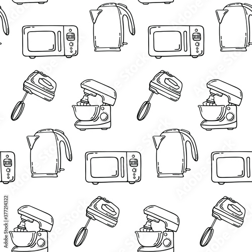 Vector black and white illustration in hand-drawn style: pattern with small household kitchen appliances