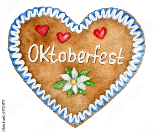 Watercolor german tradition baked pastry (heart shaped gingerbread cookie) illustration. Hand drawn oktoberfest food isolated on white background. 