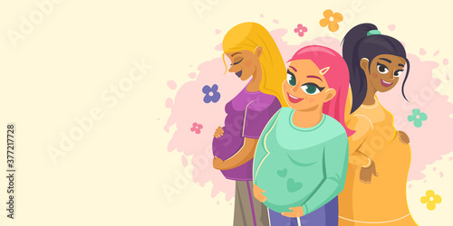 Three smiling pregnant women vector illustration
