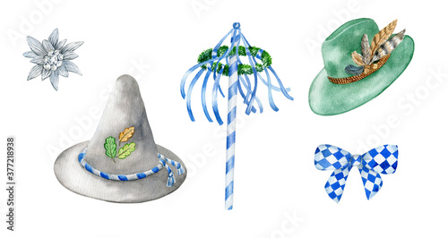 Watercolor bavarian traditional decorative elements. Hand drawn shield, bow, hats, accessories. German festival illustration isolated on white background.