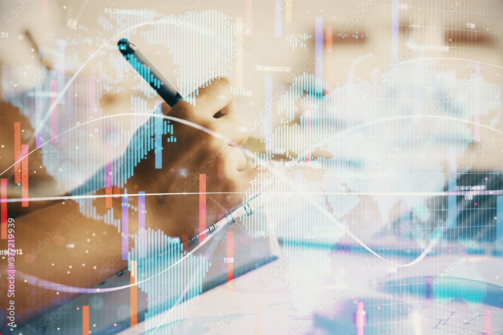 Double exposure of business theme drawing over people taking notes background. Concept of financial world Double exposure of business theme drawing over people taking notes background. Concept of financial world