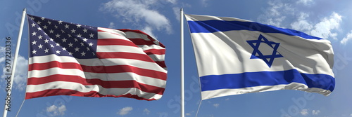 Flying flags of the USA and Israel on high flagpoles. 3d rendering