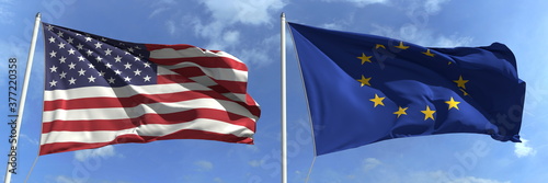 Flying flags of the USA and the European Union on sky background, 3d rendering