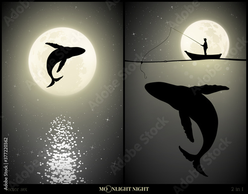 Whale jumping above water on moonlight night. Man silhouette with fishing rod and big whale under water. Lonely sea animal in nature. Full moon in starry sky. Black and white vector illustration set