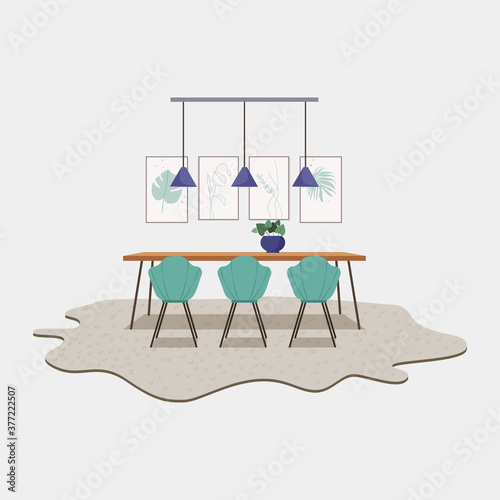 Comfortable modern dining room interior design. Flat cartoon style vector illustration.