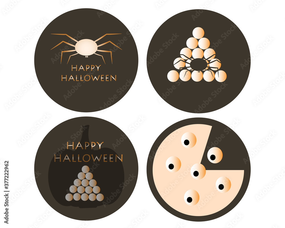 Happy Halloween emblems with spider, pumpkin, eggs, eyes in dark gray background with cream color