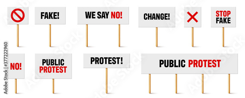 Protest signs with slogan on wooden holder. Realistic vector demonstration banner. Strike action cardboard placard mockup.
