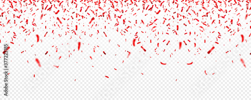Christmas, Valentines day red confetti on transparent background. Falling shiny glitter. Festive party design elements.