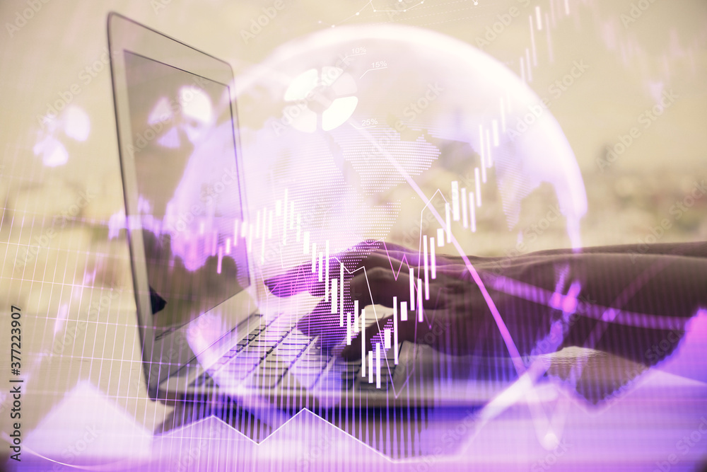 Double exposure of woman hands typing on computer and forex chart hologram drawing. Stock market invest concept. Double exposure of woman hands typing on computer and forex chart hologram drawing. Stock market invest concept.