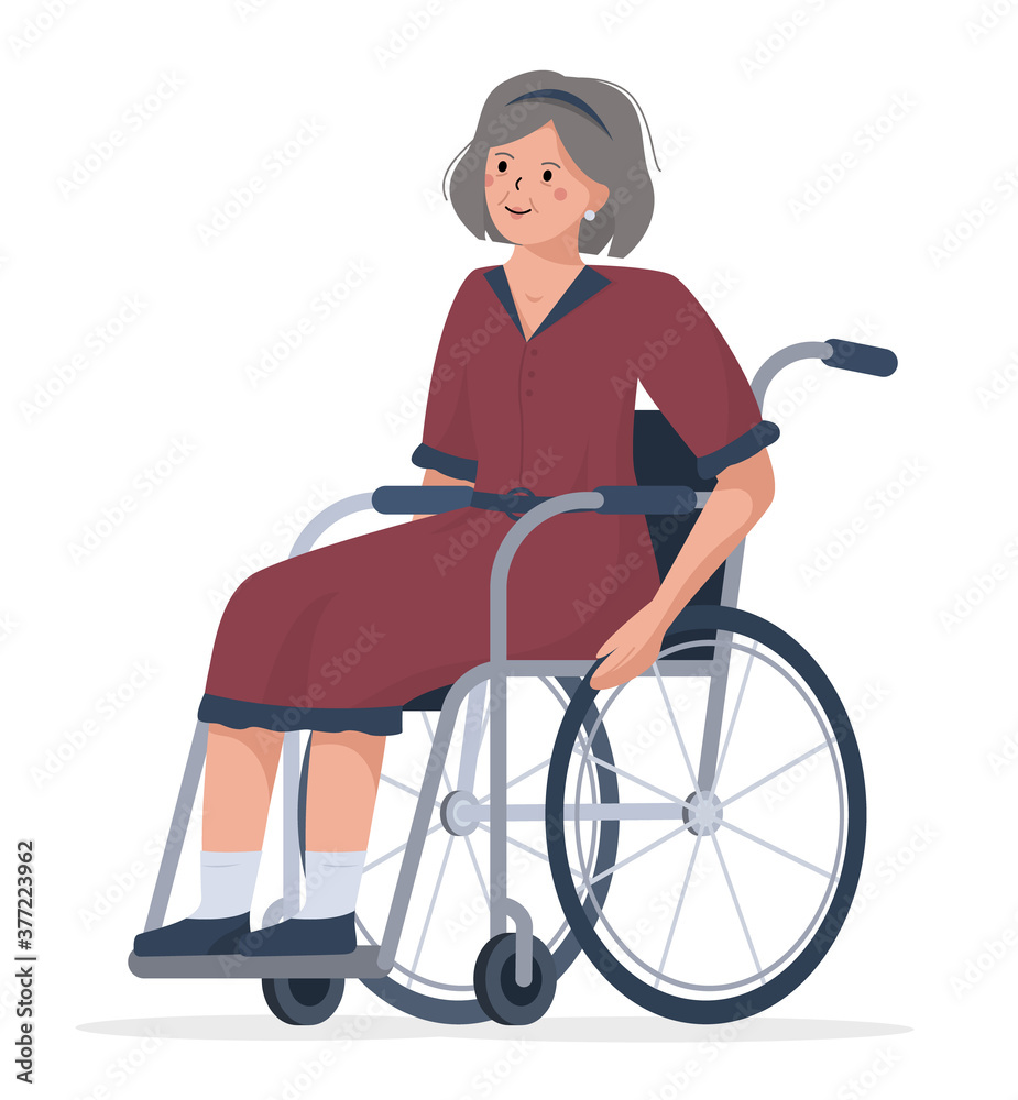Flat vector illustration of an elderly woman in a wheelchair. Isolated chair with an old character on a white background. International Day of Persons with Disabilities
