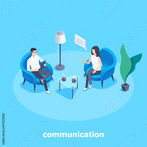 isometric vector image on a blue background, a man and a woman communicate while sitting in armchairs and coffee on a table