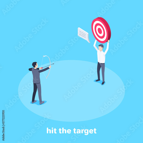 isometric vector image on a blue background, a man in a business suit shoots a bow at the target held by his partner, hit the target